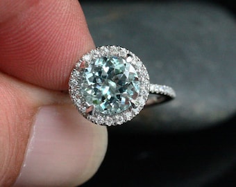 Aquamarine Engagement Ring Aquamarine Wedding Ring with 9mm Round Aquamarine and Diamond Halo Ring in 14 Rose Gold