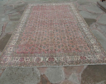 Oushak Rug, Vintage Oushak Rugs, Turkish Oushak Rugs, Pale Melon Red Colored Turkish Rug, Area Rug, Vintage Rug, Bed Room rug, 6'7 x 10'2