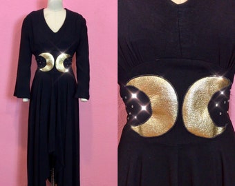 Vintage 1940s Dress • Black Crepe Crescent Moon Gown • Medium to Large