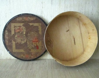 Vintage CHEESE BOX | Round Splint Wood Large cheese box with metal strap edges and decals | primitive folkart rustic storage | boho wood box