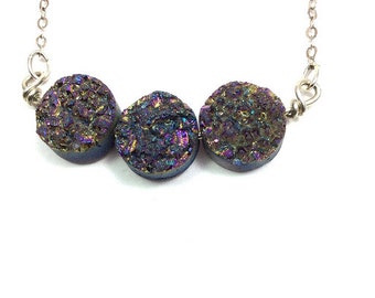 Rainbow Druzy Necklace- Sterling Silver Druzy Stone Necklace- Rainbow Titanium Quartz Crystal Necklace- Small Druzy Necklace- Druzy Gemstone