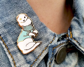 Ferret in Turtleneck Sweater Hard Enamel Pin - Blue, White, and Gold - Lapel Pin Cloisonné Badge