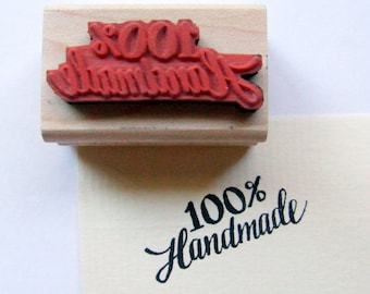 Hand Lettered Rubber Stamp "One Hundred Percent Handmade" DIY Shop Maker Packaging Stamp, Handwritten Calligraphy, Wood Block Stamp
