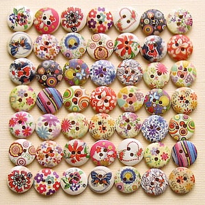 100 Painted Wood Buttons Floral Assortment 15mm BUT155-2