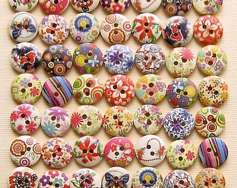 49 Painted Wood Buttons Floral Assortment 15mm BUT155