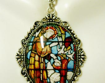 Saint Francis and the wolf stained glass window pendant and chain - AP09-207