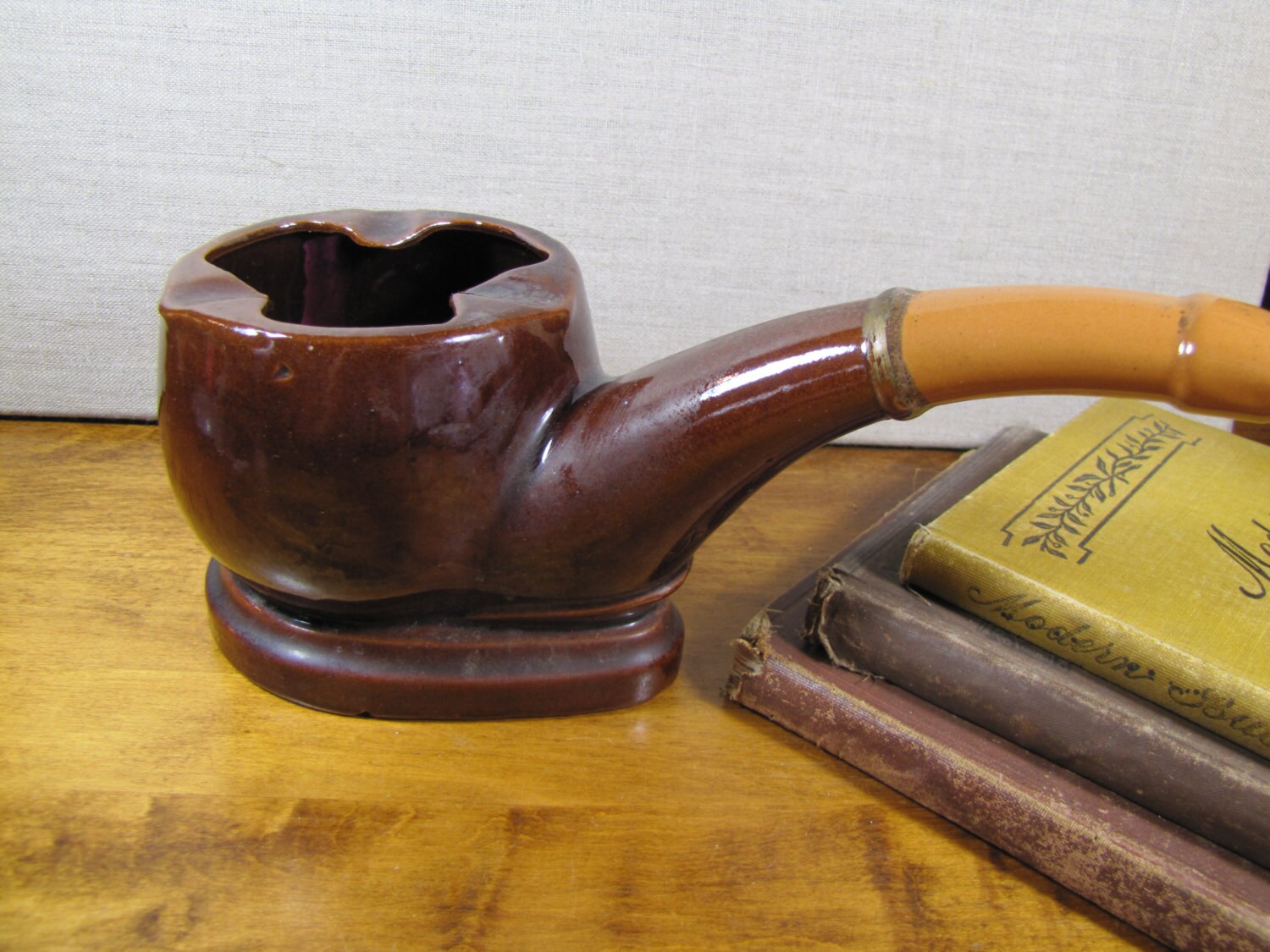 Ceramic Pipe Holder Dark Brown Glaze Pipe Shaped Made in