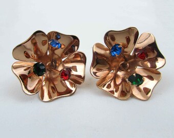 CORO Sterling Earrings - copper tone wash 1-1/4" flower with rhinestones - screwback - 1940s - free US shg