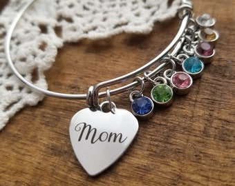Gift for mom, birthstone bracelet, mom jewelry, Mom bangle bracelet, Mom charm bracelet, family tree bracelet, mom charm bracelet