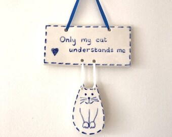 Blue Cat Wall Hanging - Wall Decor - Ceramic Cat - Pottery Cat