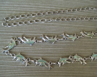 DOLPHIN SPARKLE ENAMEL Silver Tone Metal Chain Link Belt Lobster Claw Clasp