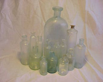 c1830-1850s Group of 14 Cork Top Free Blown Aqua Glass Open Pontil Medicine Bottles, Rare Find Open Pontil Utility Bottles