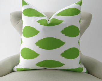 Lime Green Pillow Cover, Throw Pillow, Green White Ikat Cushion Cover, Euro Sham -MANY SIZES- Chipper Chartreuse Premier Prints