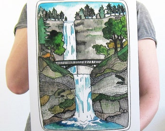 Art - Multnomah Falls Print - Oregon Art - Illustration Print - Art Illustration - Multnomah Falls Watercolor Print - Multnomah Falls