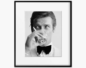 Roger Moore as James Bond Black and White Print