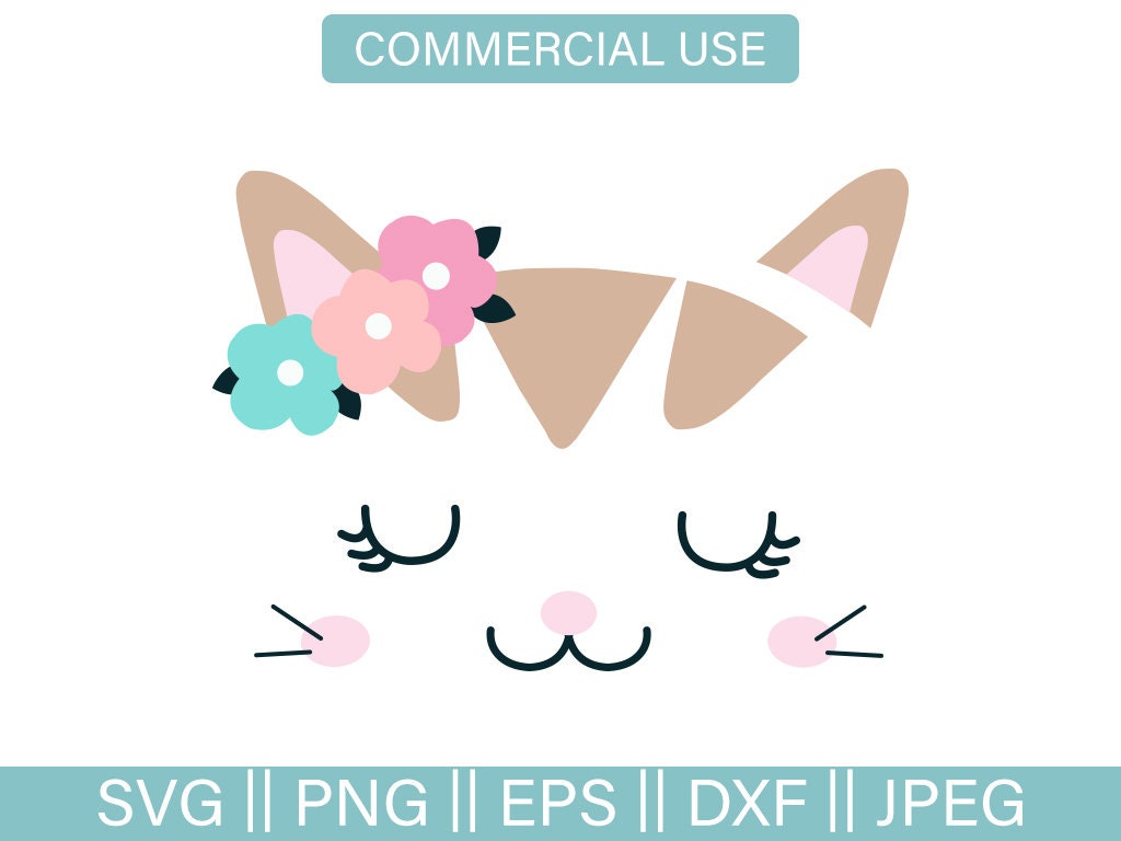 Download Kawaii Cat Face Svg Cat Cut File With Flowers Svg Dxf Eps Kitty Svg Kitten Svg Commercial Use ...