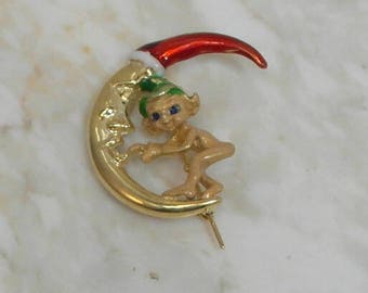 Sweet Elf Broach Whispering To A Santa Claus Moon