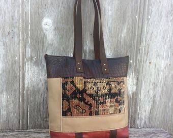 Carpet Bag Leather Patchwork - Carpetbag Tote from Vintage Rug and Cowhide Leather, Handmade, Gift for Her, Color Block Bag by Stacy Leigh