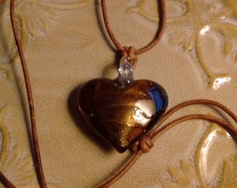 Art Glass Heart Necklace: Brown/Gold