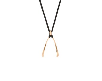 Large Gold Wishbone Necklace on Leather Cord