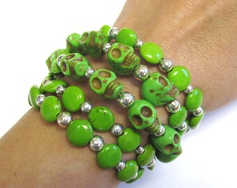 Day Of The Dead Bracelet Sugar Skull Jewelry Wrap Silver Green