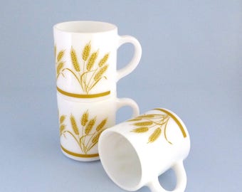 Hazel Atlas Mugs, Set of Three, White Glass, Golden Harvest Wheat, Mid Century, Vintage Coffee Cups, Milk Glass Mugs, Stacking Mugs