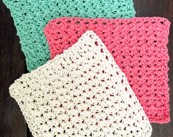 Set of 3 Eco-Friendly Reusable Handmade Pretty Cotton Dish Cloths - Pastels