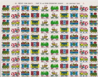 1967 Christmas Seals Issued by American Lung Association, Full sheet of 100 Seals, Christmas Train, Vintage Ephemera