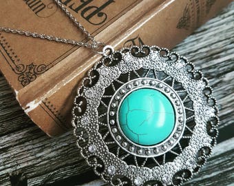 Turquoise mandala necklace, silver circle ring pendant in long chain, bohemian gypsy mandala boho ethnic jewellery, gift for her