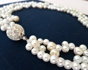 Bridal Pearl Necklace Pearl Wedding Statement Necklace Bridesmaid Jewelry Ivory Rhinestone 2 layers Double Strand Elegant Bride Sukran