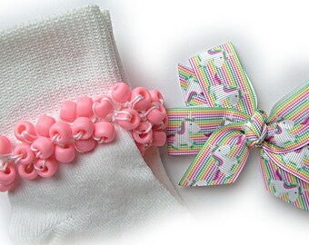 Kathy's Beaded Socks - Pixel Unicorn Beaded Socks and Hairbow, girls socks, school socks, pink socks, pony bead socks, unicorn socks