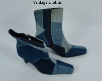 1990s L.E.I Patchwork Denim Ankle Boots, Denim Boots, Ankle Boots, Blue Boots, 90s Boots, Vintage Boots, High Heel Boots, 1990’s Boots,Boots