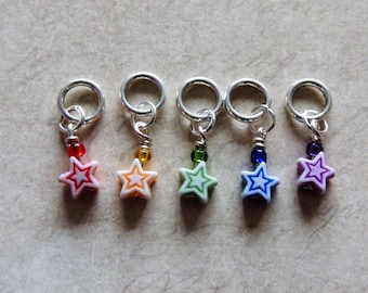 Rainbow Star stitch marker set of 5 red yellow green blue purple