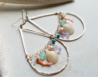 Large Beach Cluster Earrings, Hawaiian Shell Hoops, Colorful Gemstone Hoop Earrings, Boho Beach Hoops: Ready Made