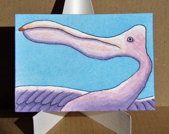 ACEO. Artist trading card. Watercolour. 'Pelican Jill.'