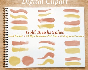 Watercolor Clipart, Gold Brushstrokes, High Quality Hand Painted Digital Gold & Rose Gold Brushstroke Clipart with Transparent Background