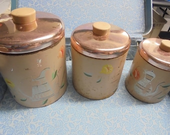 SET of THREE VERY Vintage kitchen canisters