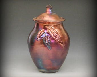 Raku Urn or Lidded Vase with Fern Design in Metallic Iridescent Colors