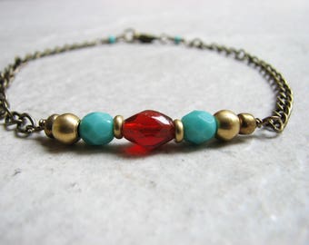 Beaded Brass Anklet Turquoise Blue and Red Anklet Boho Ankle Bracelet Southwestern Anklet Adjustable Chain Ankle Jewelry for Women