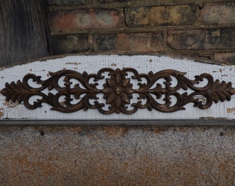 Antique Wood pediment 45" Architectural salvage applique Chippy white Shabby French Country home garden supplies