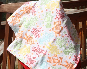 Flannel Baby Blanket / Kid Car Blanket - Robots on White, Personalization Available