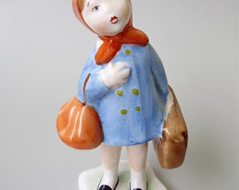 Vintage HUNGARIAN porcelain figurine,little girl with baggages stamped,handpainted
