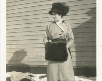 vintage photo 1914 Young Woman Holds Fur Muff on Winter Day Big Hat