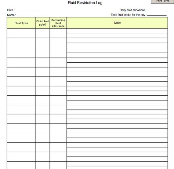 Fillable Fluid Restriction Log / PDF/ Digital Health forms/