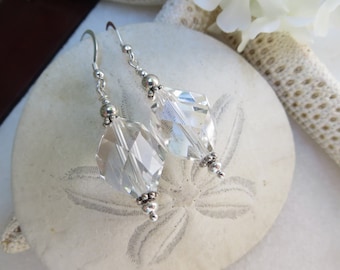Rock Crystal Quartz Earrings, Faceted Crystal Earrings, Sterling Silver Earrings, Semi Precious Gemstone Earrings, April Birthsonte Earrings