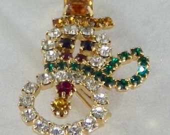 Vintage Rhinestone Snowman Brooch Amber Color Hat Stone