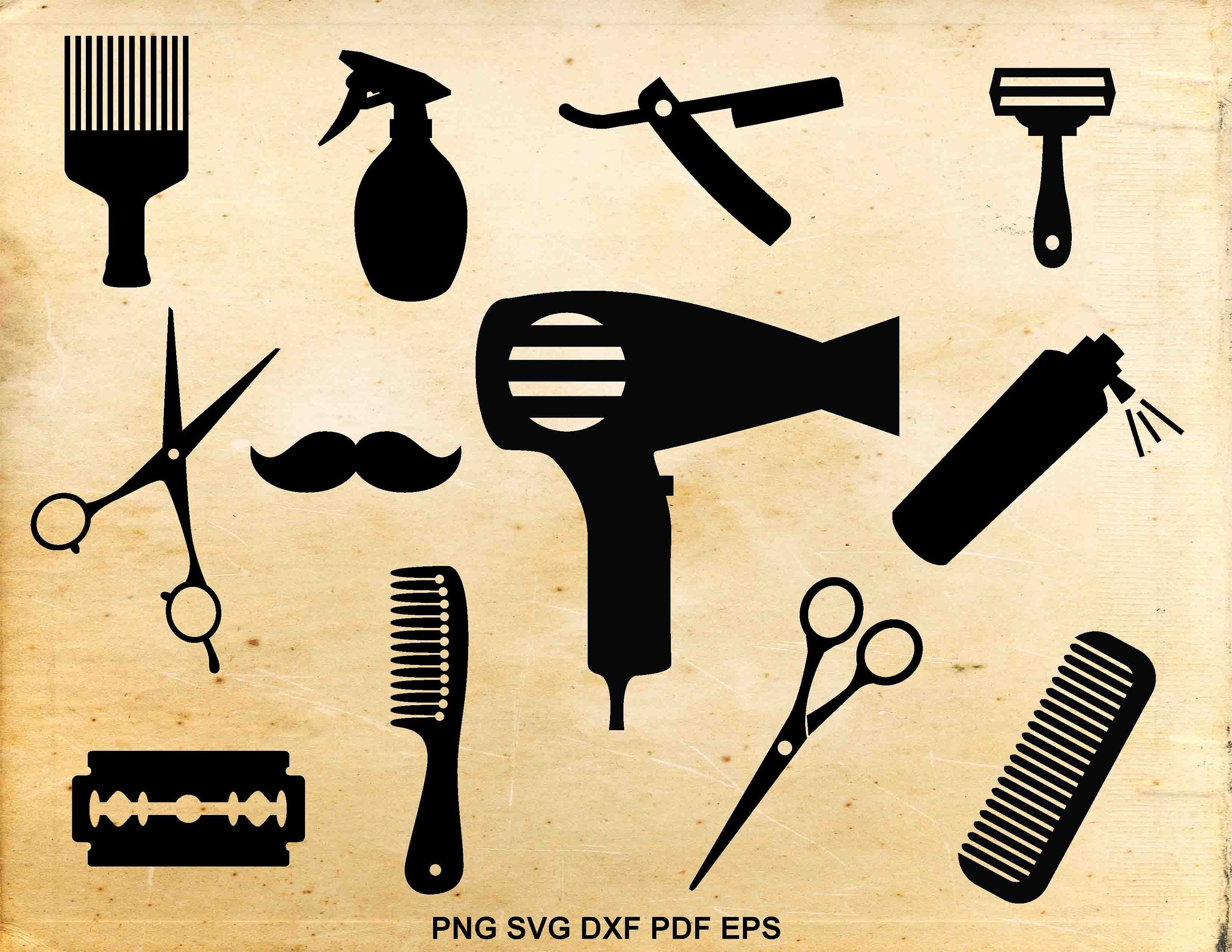 Download Free SVG Cut File - Silhouette Man Barber Tools Haircut Icons Stoc...