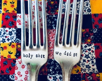Vintage hand stamped wedding forks. Holy shit, we did it.