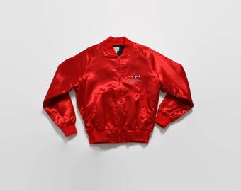 Vintage 80s CORVETTE Satin Jacket / 1980s Red Satin Bomber Jacket