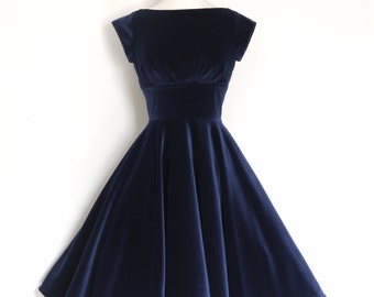 Midnight Blue Velvet Evening Dress with Circle Skirt and Cap Sleeves - Made by Dig For Victory